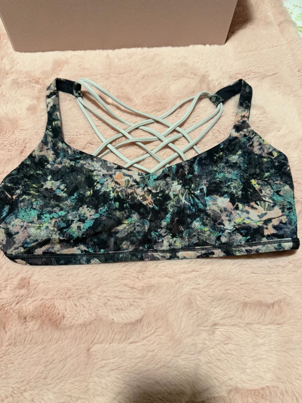 lululemon athletica Black Floral Print Strappy Back Sports Bra with Teal Accents